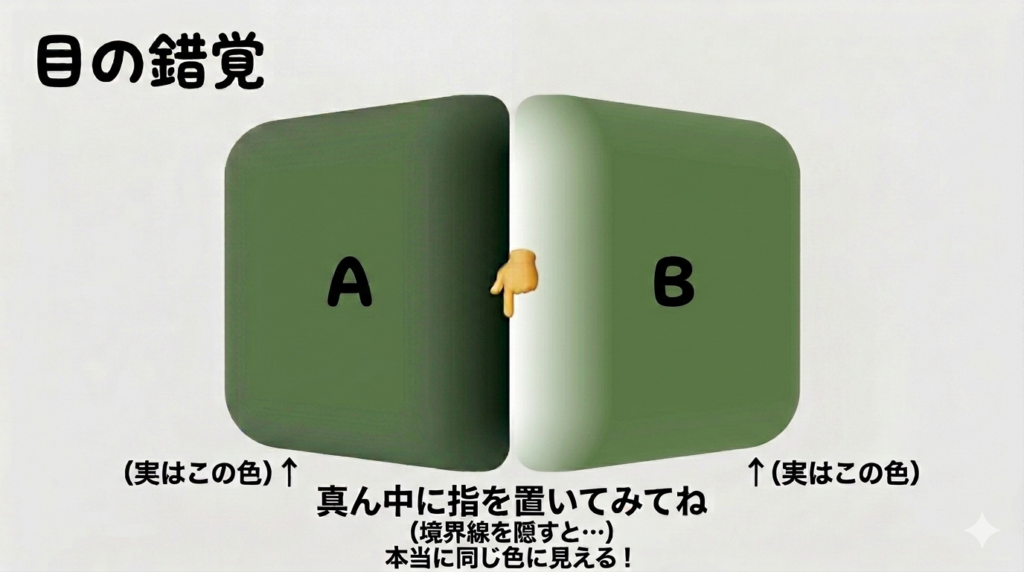 中央に境界線があり上下で違う色に見えるが、境界線を隠すと同じ色に見える錯覚画像