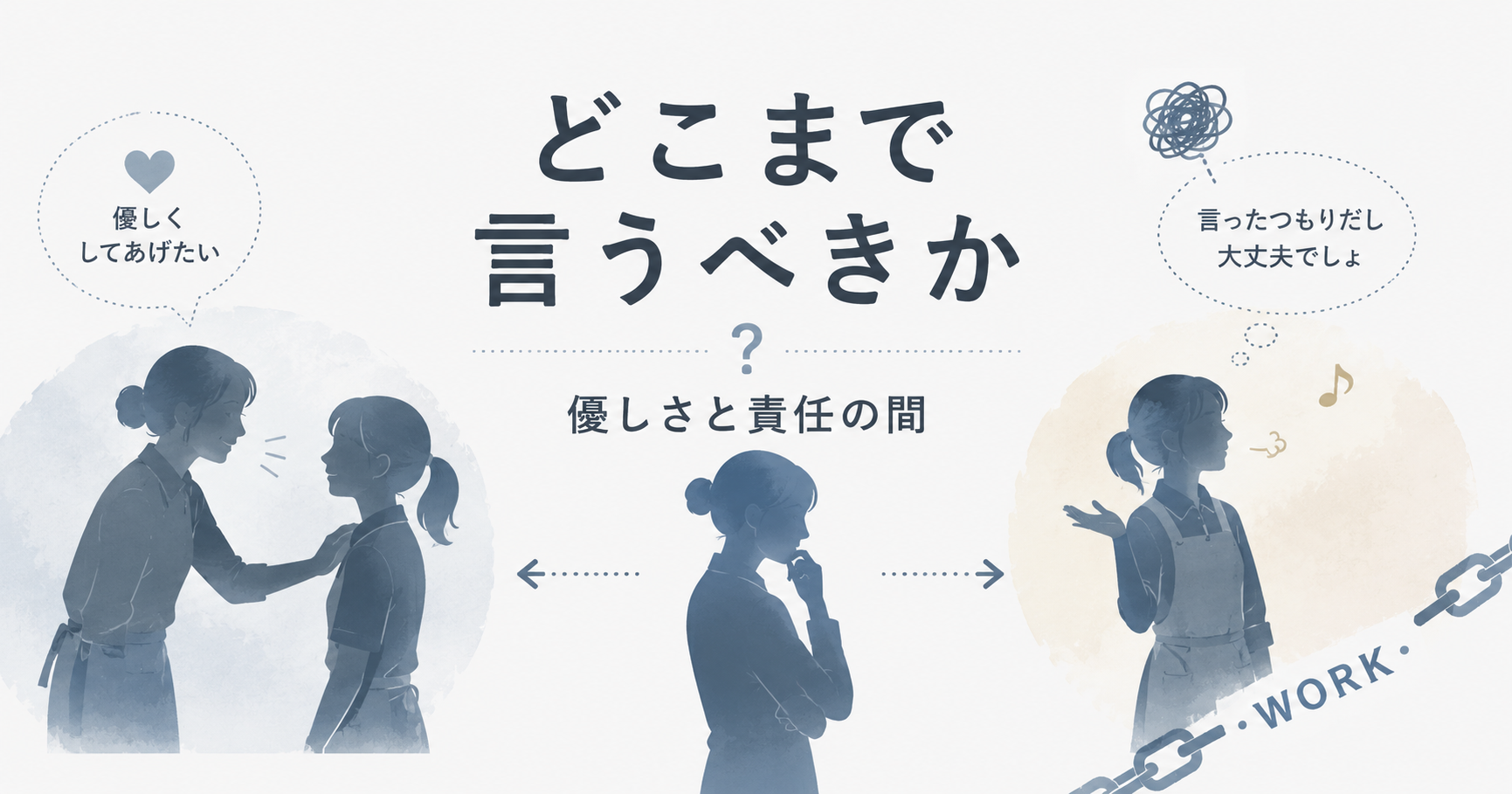 白と青グレーを基調にした静かな仕事系アイキャッチ。中央に「どこまで言うべきか」、下に「優しさと責任の間」という文字が配置されている。左では先輩スタッフが後輩に優しく声をかけており、「優しくしてあげたい」という吹き出しがある。右では軽く受け流しているスタッフが「言ったつもりだし大丈夫でしょ」と考えている。中央には悩んでいる人物のシルエットが描かれ、職場での優しさと責任のバランスに迷う空気感を表現している。