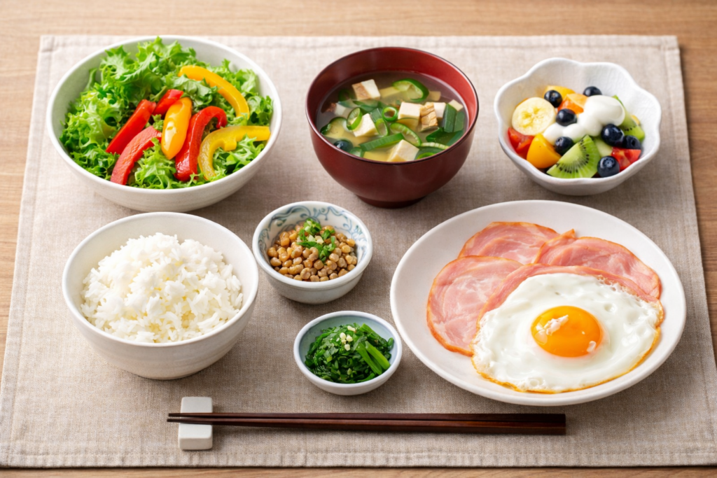 ベージュのランチョンマットの上に、栄養バランスを意識した和洋折衷の食事が並んでいる。サニーレタスと赤・黄色のパプリカが入ったサラダ、ごはん100グラムの茶碗、具だくさんの汁物、納豆、ハムエッグ、お浸し、そしてフルーツにヨーグルトがかかった小皿が整然と配置されている。