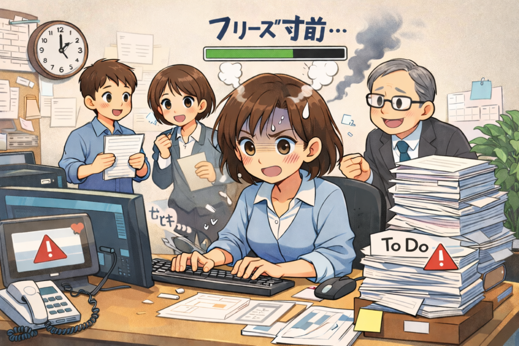 忙しそうな小さな事務所で、若い女性社員がパソコンに向かって必死にキーボードを打っているイラスト。額には汗がにじみ、頭上には「フリーズ寸前…」と表示されたゲージがあり、限界に近い様子が描かれている。背後では同僚や上司が書類を手に声をかけており、机の上には山積みの書類と「To Do」と書かれた紙、警告マークの表示されたモニターがある。全体として、仕事に追われ強いプレッシャーを感じている状態を表現している16:9の横長イラスト。