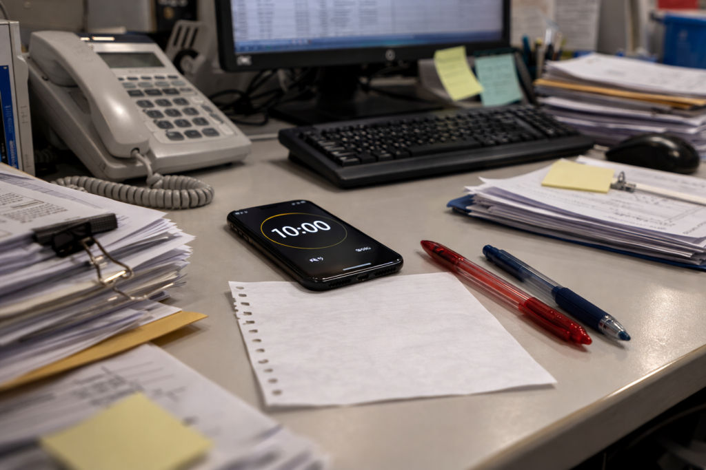 職場のデスクを16:9で撮影した写真風の画像。パソコンのモニターとキーボード、社内用の固定電話が置かれ、左右には適度に積み重なった書類の山がある。机の中央には裏紙のメモ用紙が広げられ、その横に赤と青の2色ペンが並んでいる。手前にはスマートフォンが置かれ、画面には「10:00」と表示された10分のタイマーがセットされている様子が写っている。全体として、実際の職場の作業途中の空気感が伝わる構図。