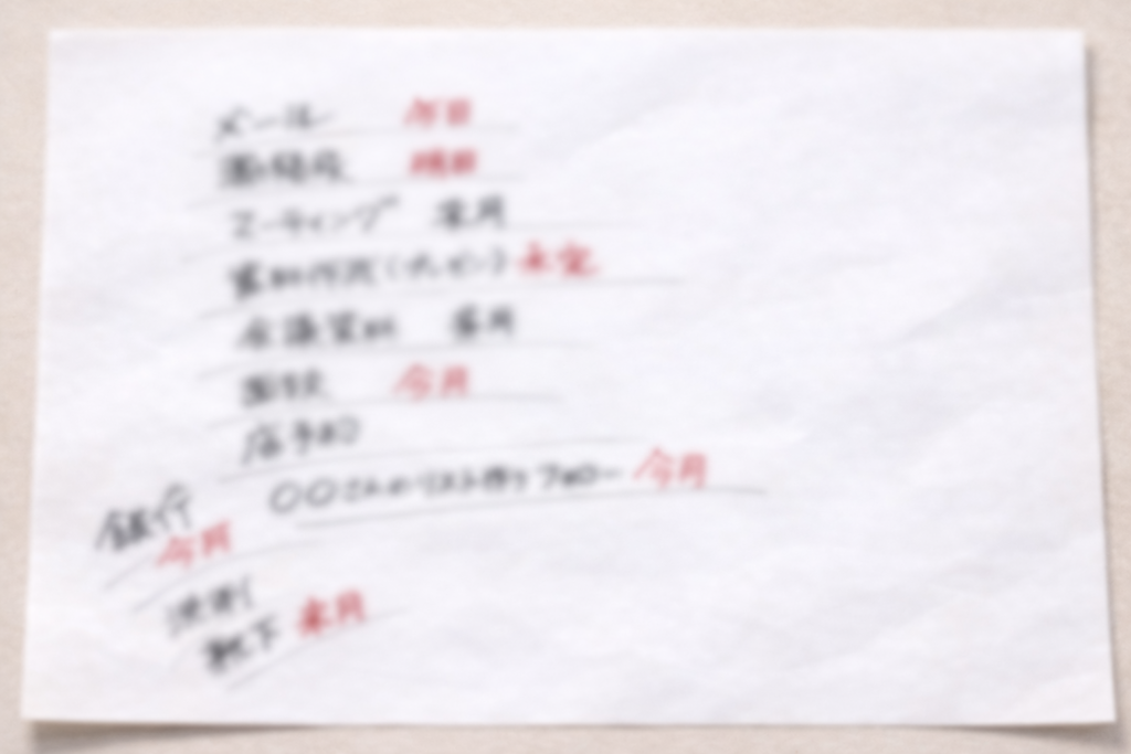 A4用紙の裏紙に走り書きされた手書きメモの写真。黒字と赤字で書かれているが、全体に強めのモザイクがかかっており、文字が書いてあることは分かるものの内容までは判読できない。紙はややしわがあり、机の上に置かれている。