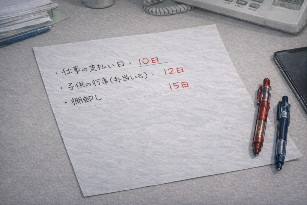 職場のデスクの上に置かれたA4サイズの裏紙の写真。紙には黒いペンで「仕事の支払い日：」と書かれ、その右に赤字で「10日」、次に「子供の行事（弁当いる）：」の右に赤字で「12日」、「棚卸し：」の右に赤字で「15日」と書かれている。文字は急いで書いたような手書きで、紙の横には赤と青のボールペンが置かれている。奥にはデスクの電話や書類があり、実際の職場の机の上でメモを書いたような雰囲気の写真風画像。