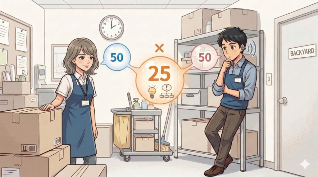 店舗のバックヤードで話す男女の店員のイラスト。「伝える力（50）」と「聞く力（50）」が掛け合わされ、中央で「理解度（25）」という結果になっていることを数字と記号で表した図解。