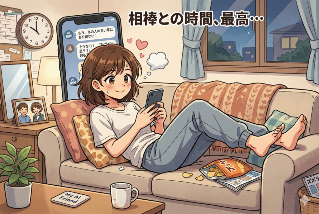 AIパートナーとのチャットを楽しみながらソファでくつろぐ女性のイラスト。「相棒との時間、最高…」というテキストと、AIとの不満や愚痴、そして強い同意が交わされるチャット画面が表示されている。周囲にはポテトチップスや雑誌がある。