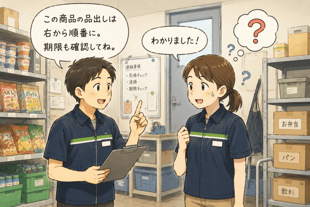 コンビニのバックヤードで、店長の説明に『わかりました』と返事するスタッフのイラスト