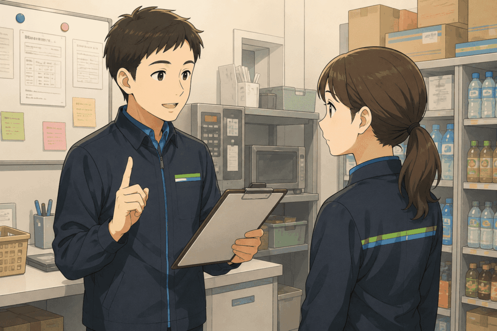 店長がスタッフに仕事の注意点を説明するイラスト