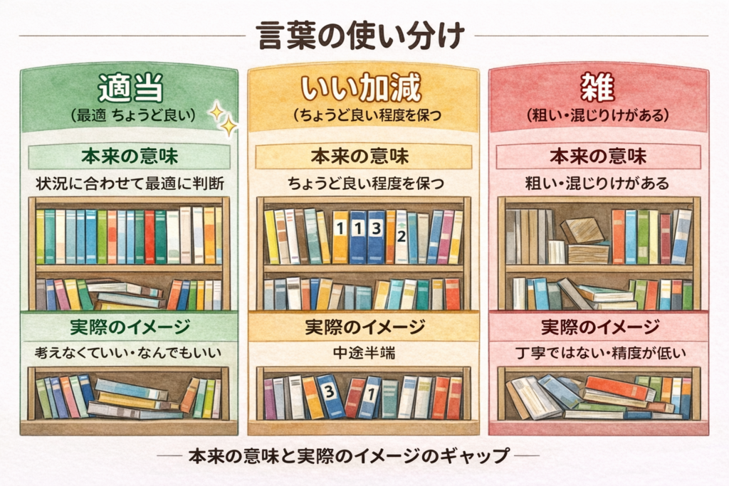 「適当・いい加減・雑」の言葉の意味のギャップを本棚の整頓状態で表したイラスト