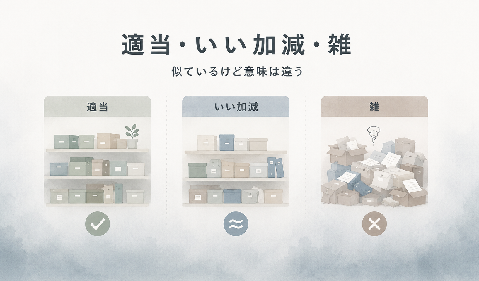 白から青グレーへグラデーションした静かな背景に、「適当・いい加減・雑」という文字が中央上部に配置された比較型アイキャッチ。左には整理された棚のイラストと「適当」、中央には少しラフだが整っている棚と「いい加減」、右には箱や書類が崩れて散らかった状態と「雑」が描かれている。下部にはそれぞれ○、≈、×の記号があり、似ている言葉でも意味や空気感が異なることを視覚的に表現している。