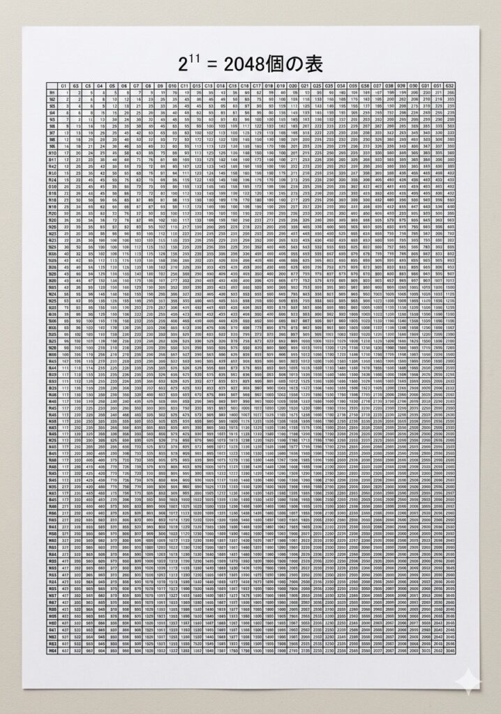 「2の11」という指示からAIが作成した、2の11乗（2048）の数字が並ぶ巨大な表