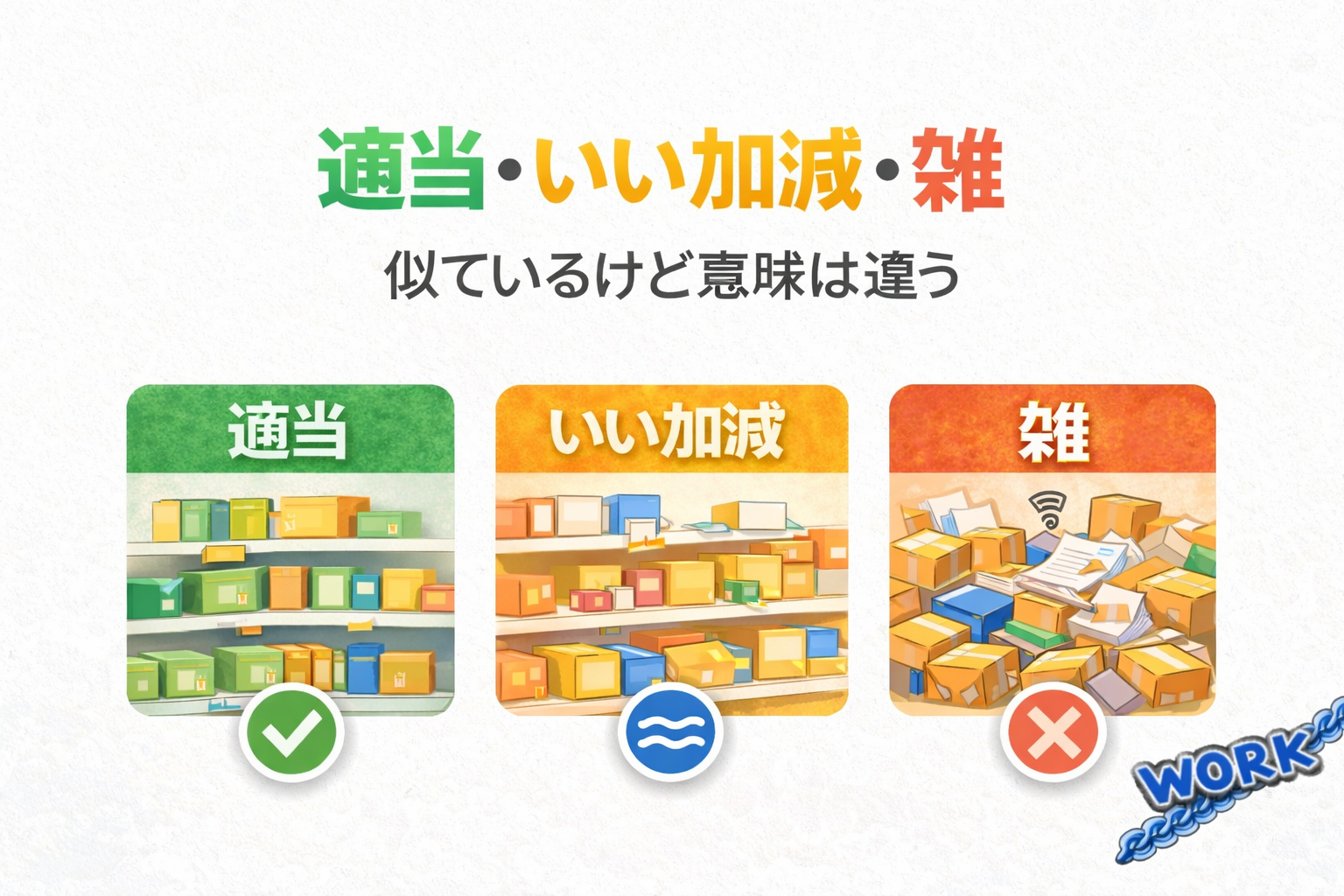 「適当・いい加減・雑の違い」を比較した図解アイキャッチ。白背景の中央にタイトル『適当・いい加減・雑』とサブタイトル『似ているけど意味は違う』。下部に3つの比較イラストが並び、左は整理された棚（適当・緑）、中央は少し乱れた棚（いい加減・黄色）、右は崩れた箱や書類の山（雑・赤）。右下にWORKロゴ。