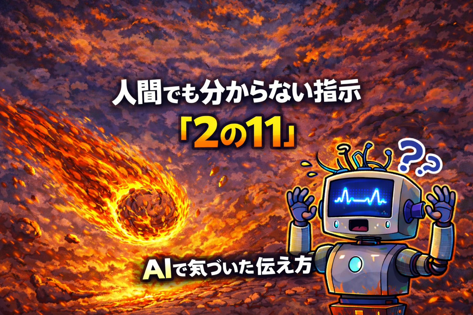 隕石が落ちる空を背景に、困惑するロボットと「人間でも分からない指示『2の11』AIで気づいた伝え方」というタイトルが配置されたブログ用アイキャッチ画像