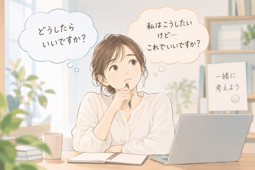 自分の考えを添えて上司に質問する方法を考える女性のイラスト
