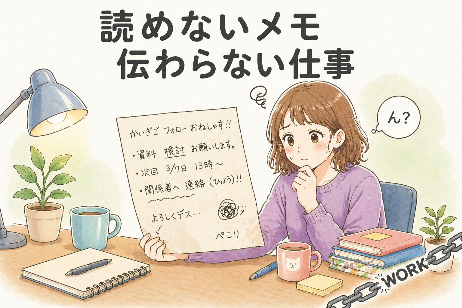 手書きメモを見て困った表情をする女性のアイキャッチ。机の上にランプやノート、マグカップがあり、メモには読みにくい文字で業務内容が書かれている。「読めないメモ 伝わらない仕事」というタイトルと、右下に鎖とWORKの装飾がある。