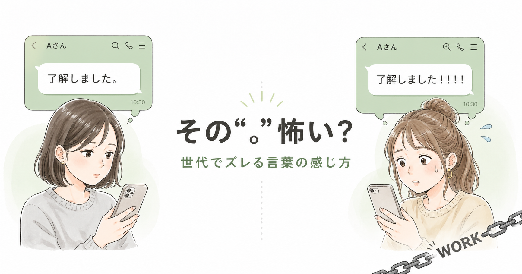 LINEのメッセージで句点や感嘆符の違いにより、受け取り方のズレが生まれている様子を表現したイラスト