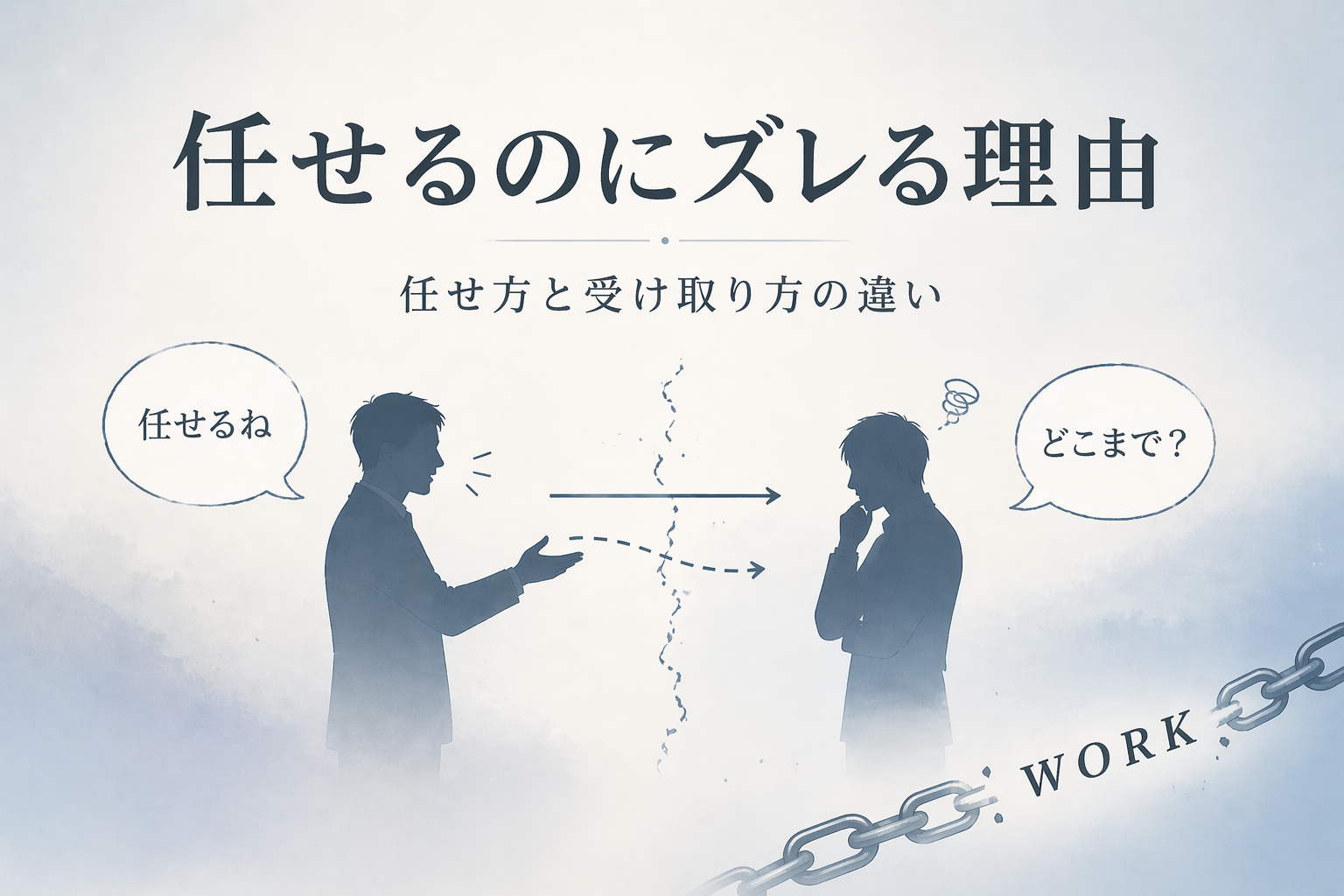 「任せるね」と言われた仕事でのズレを表したアイキャッチ。指示する人と困っている人の間に認識の違いがある様子を表現したデザイン