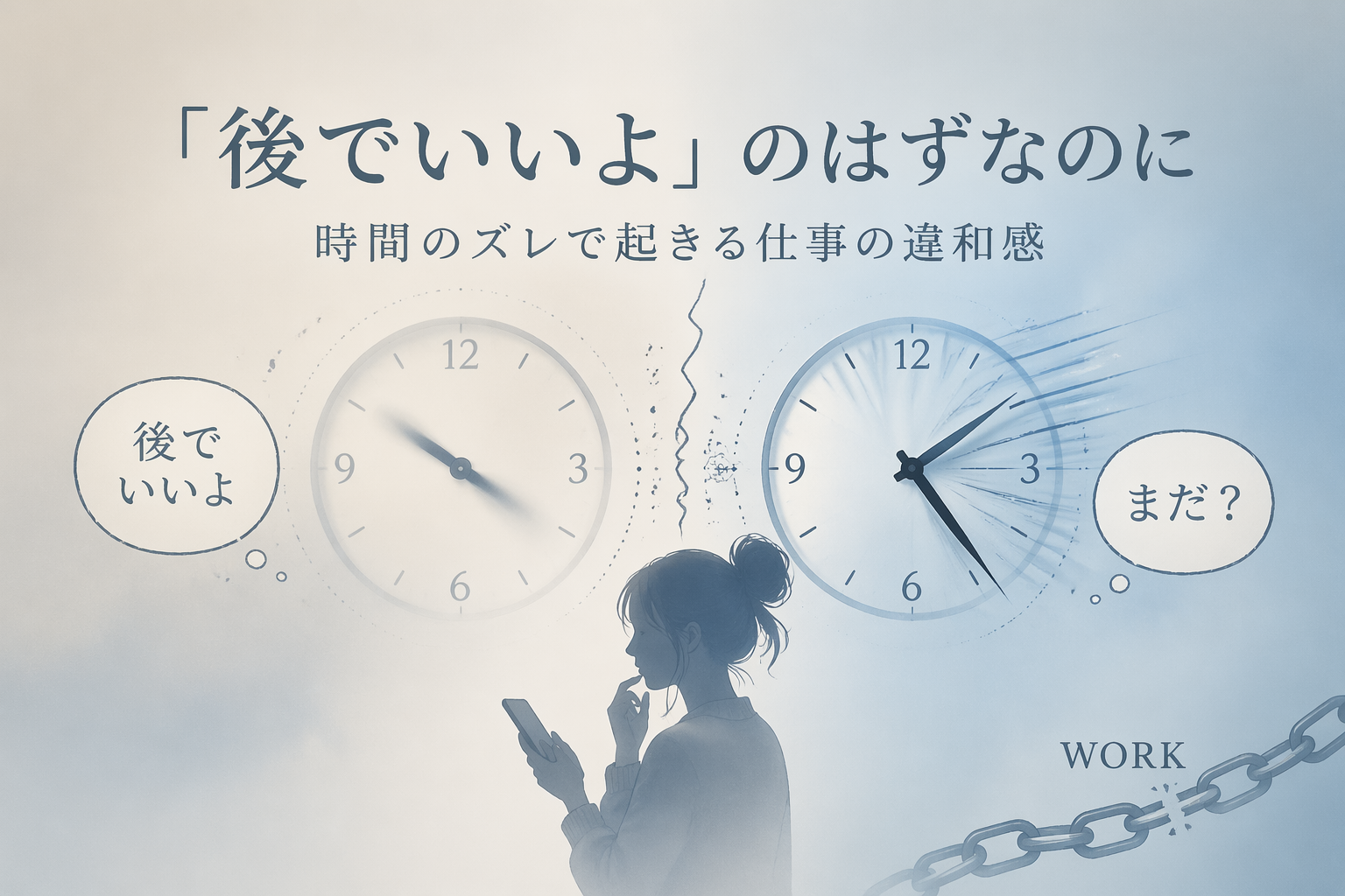 「後でいいよ」と言われたのに急かされる仕事のズレを表したアイキャッチ。進み方の違う2つの時計と、言葉の認識の違いを表現したデザイン