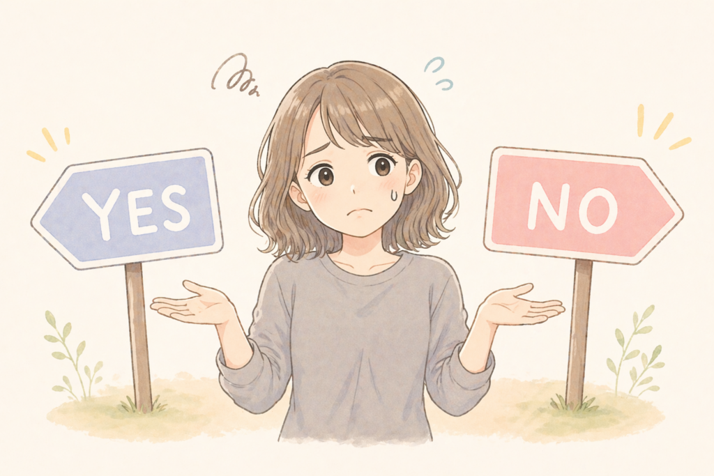 YESとNOの看板の間で迷っている人物のコミカルなイラスト