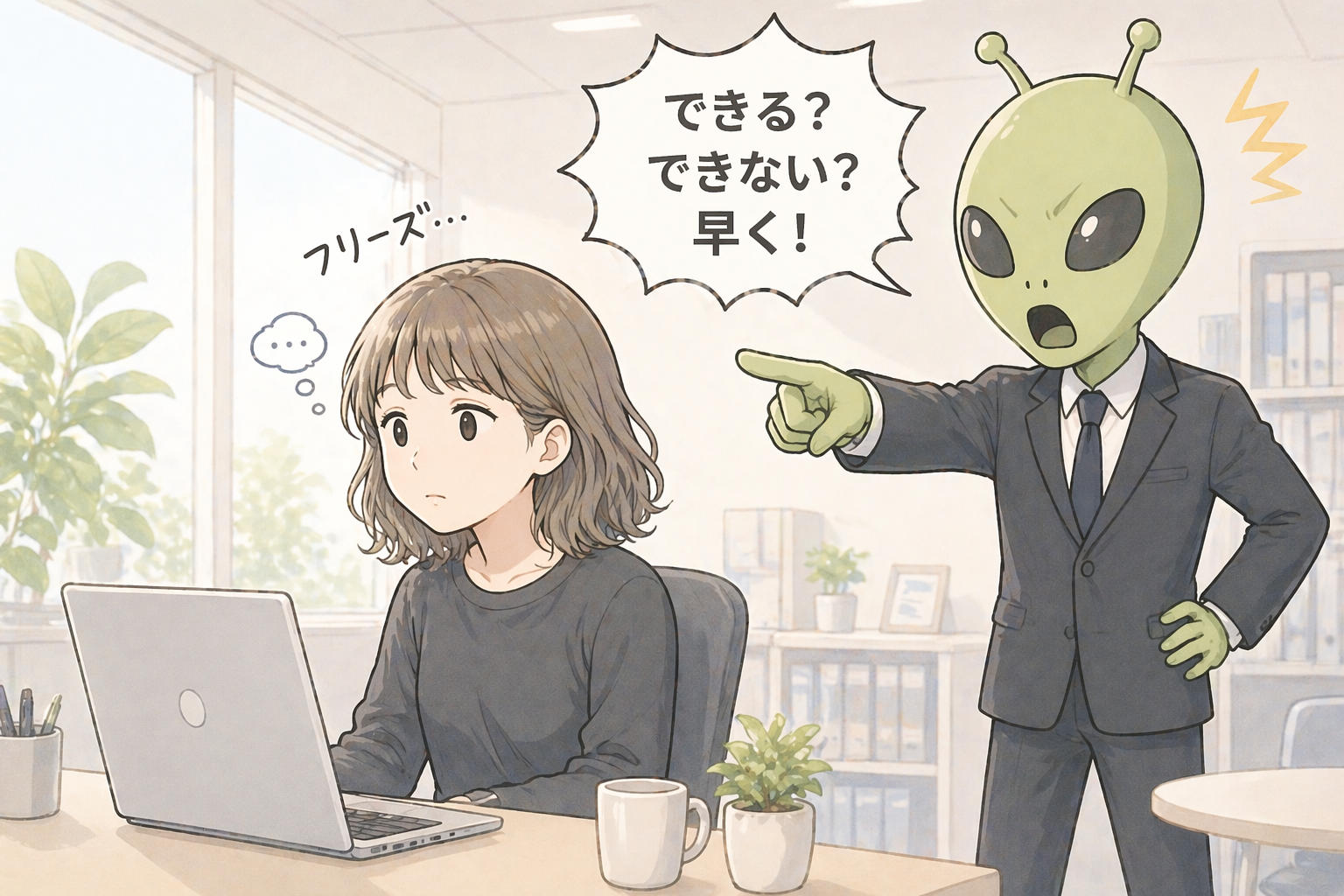 パソコンの前でフリーズしている人物と、後ろから「できる？できない？」と急かす宇宙人のコミカルなイラスト