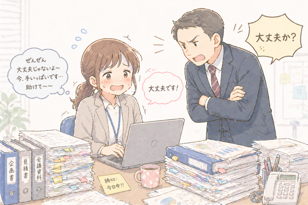 大量の資料に囲まれてパソコン作業をしている女性が、上司に「大丈夫か？」と詰められ「大丈夫です」と答えつつ内心焦っている様子を描いた、プレッシャーとズレを表現したコミカルな仕事シーンのイラスト