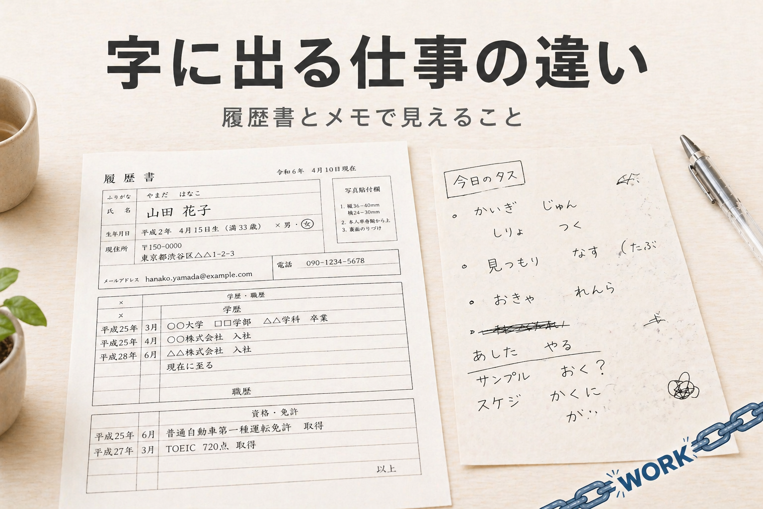 整った履歴書と読みにくい手書きメモが並んだ机の上のイラスト。上部に「字に出る仕事の違い」、その下に「履歴書とメモで見えること」と書かれており、右下には鎖とWORKの装飾がある。