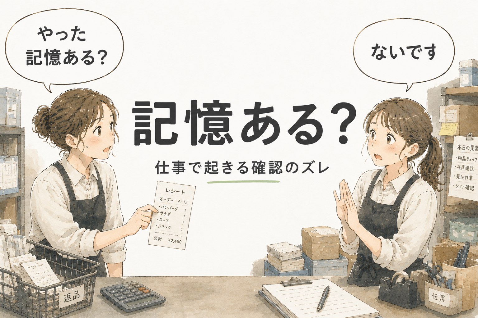店舗のバックヤード風の空間で、レシートを見せながら「やった記憶ある？」と聞く女性スタッフと、「ないです」と答える女性スタッフを描いたやわらかい水彩風イラスト。中央には「記憶ある？」、その下に「仕事で起きる確認のズレ」という文字が配置されている。