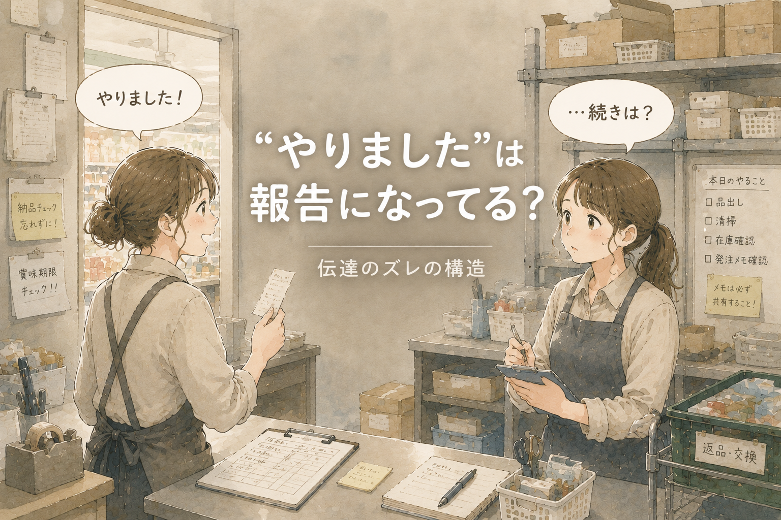 小売店のバックヤード風の空間で、女性スタッフ2人が会話している水彩風イラスト。「やりました！」と報告する女性と、「…続きは？」と確認する女性が描かれており、中央には「“やりました”は報告になってる？」、下には「伝達のズレの構造」という文字が配置されている。