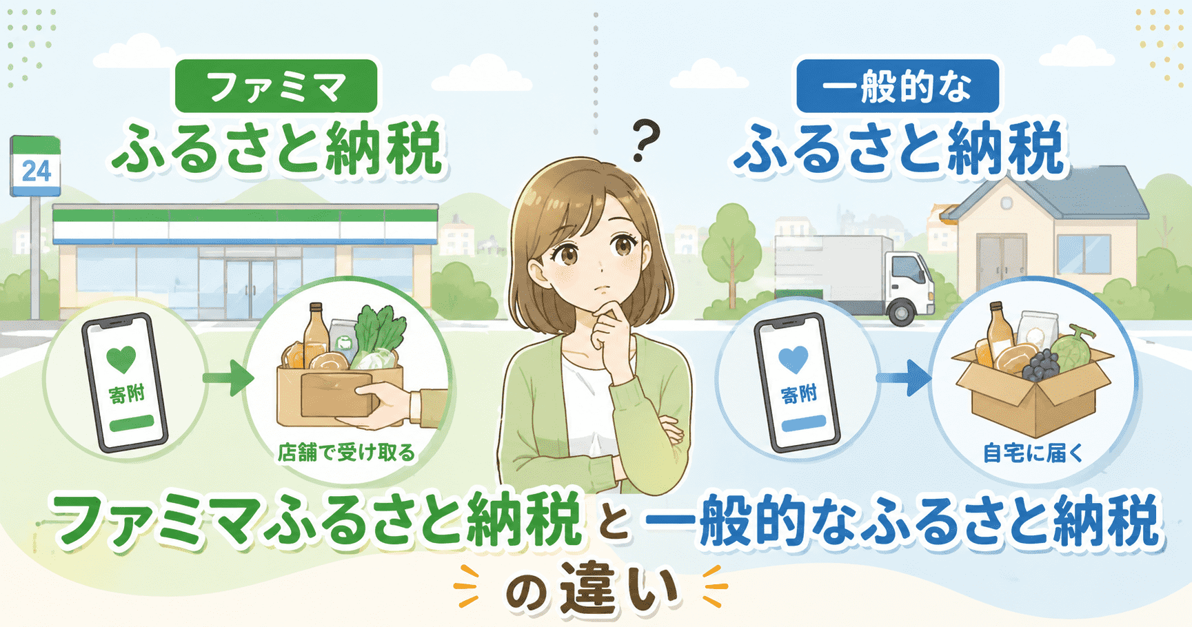 ファミマふるさと納税と一般的なふるさと納税の違いを比較するイラスト