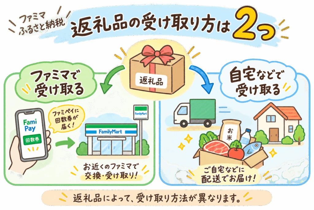 ファミマふるさと納税の返礼品の2つの受け取り方法のイラスト