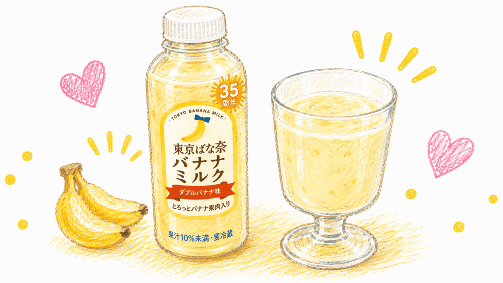 ファミリーマートの新商品、東京ばな奈のバナナミルクのイラスト