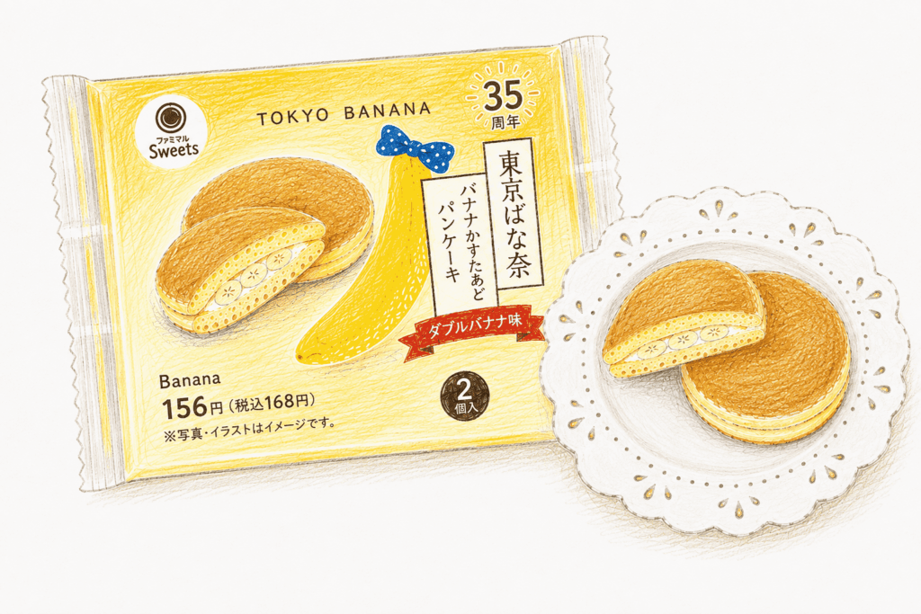 ファミリーマートの新商品、東京ばな奈のバナナかすたあどパンケーキのイラスト