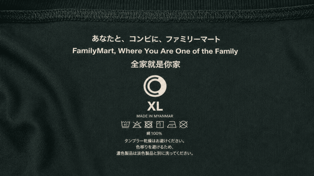 ファミリーマート新ユニフォームの裏側。中央に「あなたと、コンビに、ファミリーマート」の文字とサイズ「XL」、洗濯表示が入っている。