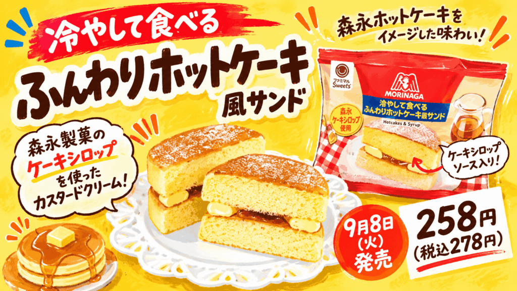 冷やして食べる ふんわりホットケーキ風サンドの手書き風イラスト