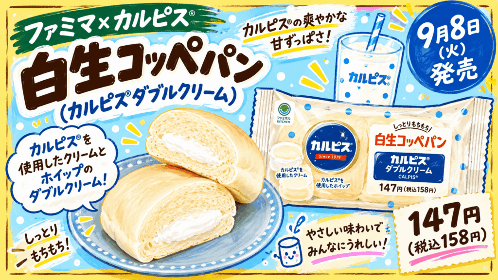 白生コッペパン(カルピス®ダブルクリーム)の手書き風イラスト