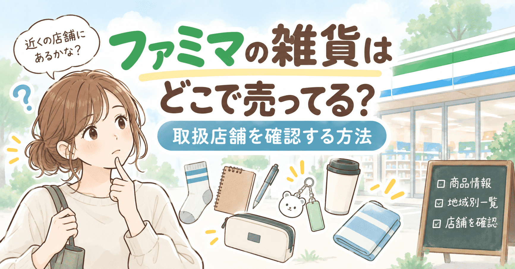 ファミマの雑貨がどこで売っているか、取扱店舗を確認する方法をイメージしたイラスト