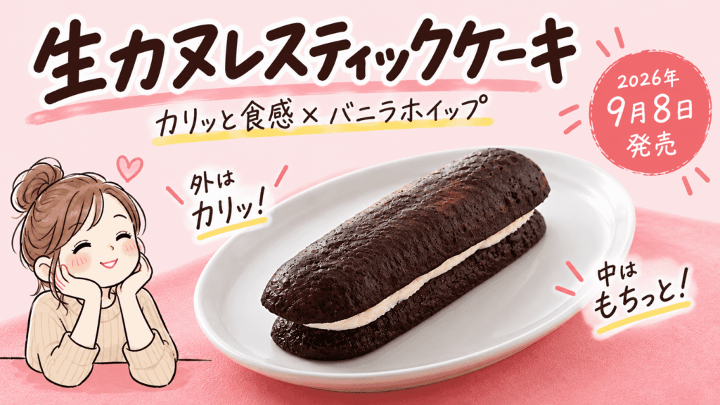 ファミマの生カヌレスティックケーキを紹介する手書き風イラスト