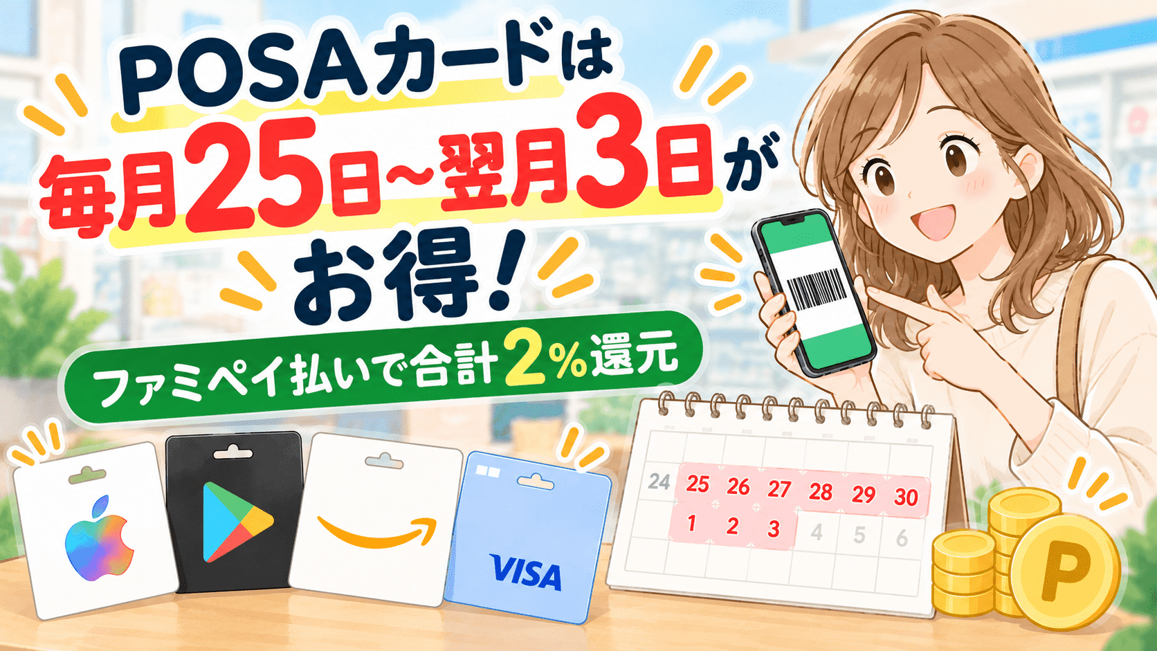 ファミマのPOSAカードは毎月25日〜翌月3日がお得で、ファミペイ払いなら合計2％還元になることを紹介するイラスト