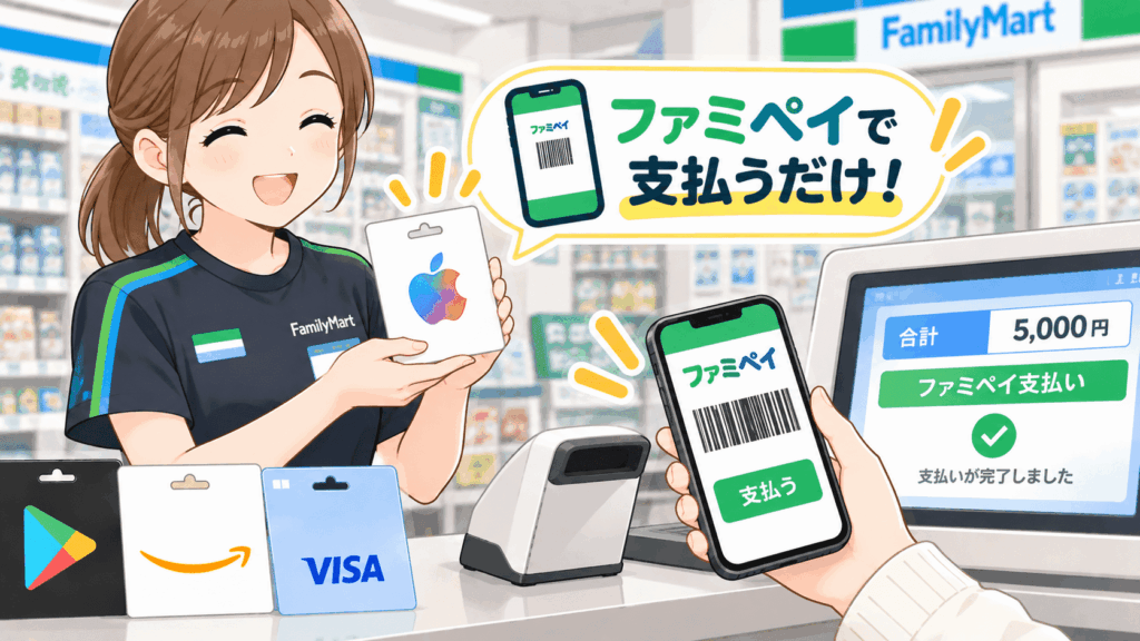 POSAカードをファミペイにチャージした残高からアプリのバーコードで支払うイメージ