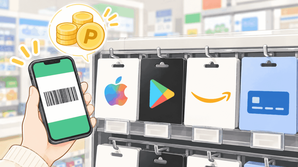 Apple Gift Card・Google Play・AmazonギフトカードなどのPOSAカードとファミペイ払いを表したイラスト