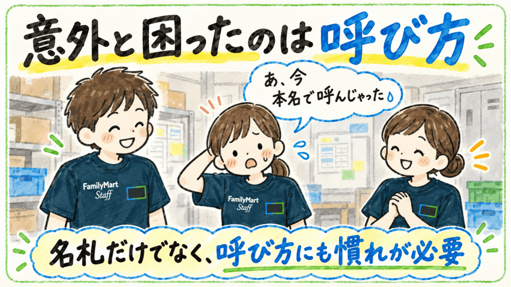 ワーキングネーム導入後に、スタッフ同士がうっかり本名で呼んでしまう場面を表した手書き風イラスト