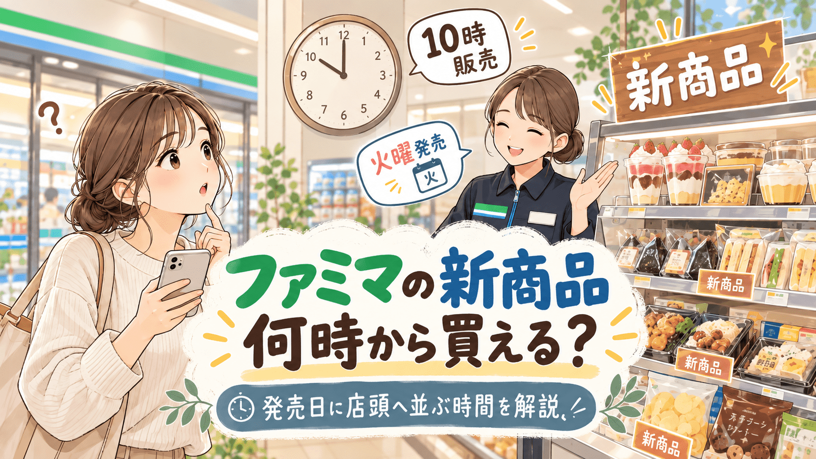 ファミマの新商品は何時から買えるのかを、時計や新商品売場とともに表したイラスト