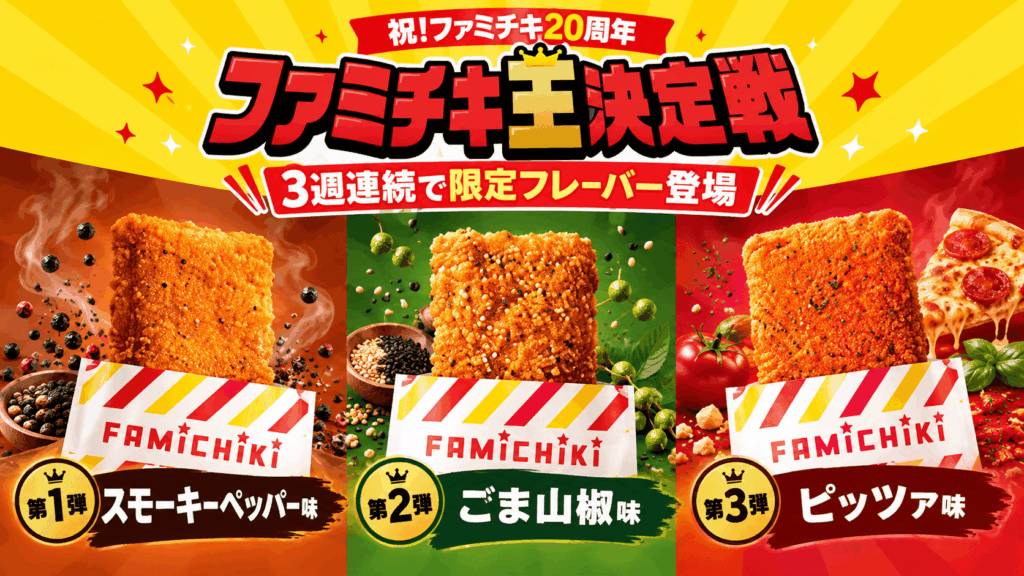 ファミチキ20周年記念のスモーキーペッパー味・ごま山椒味・ピッツァ味を紹介するイラスト