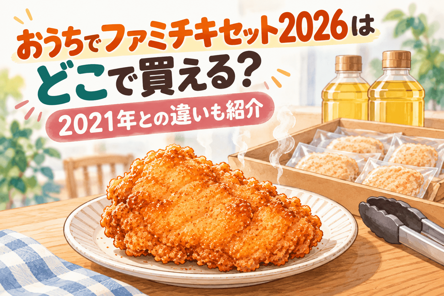 おうちでファミチキセット2026はどこで買えるか、2021年版との違いも紹介する記事の手書き風アイキャッチ