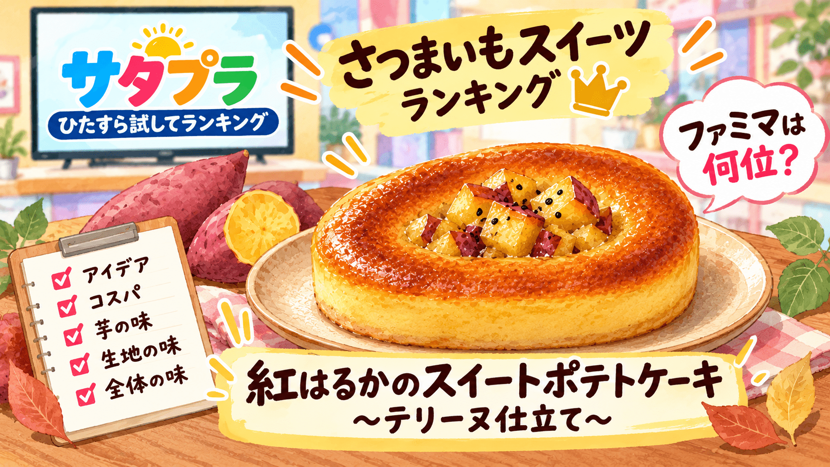 サタプラ「ひたすら試してランキング」で紹介された、ファミマの紅はるかのスイートポテトケーキとさつまいもスイーツランキングをイメージしたイラスト