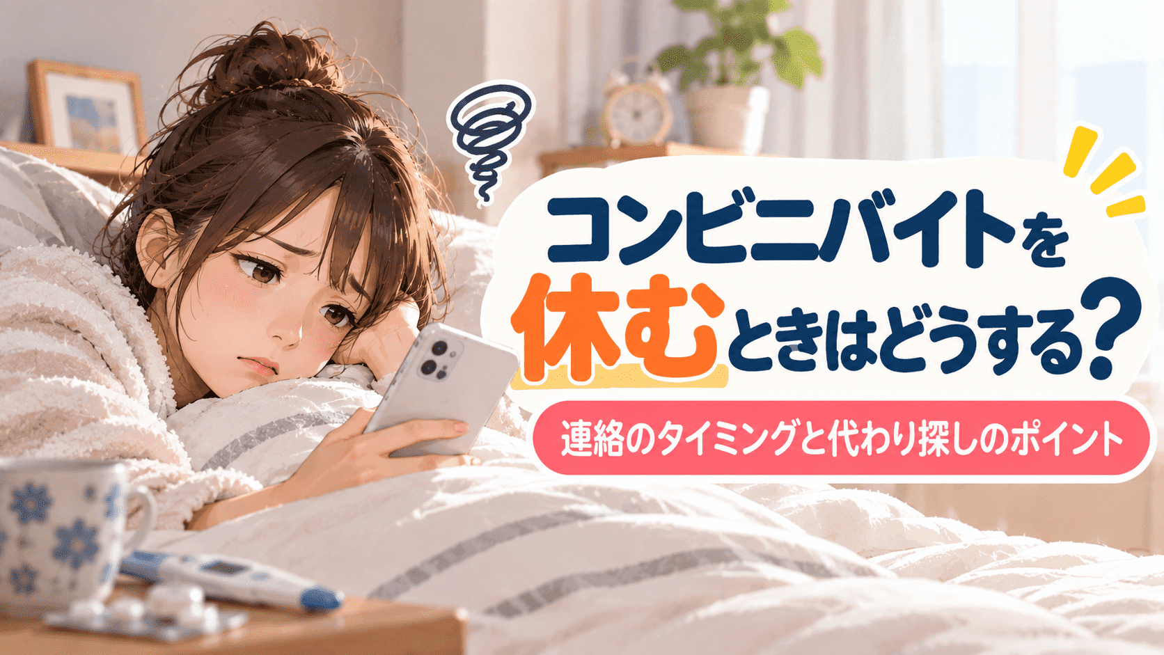 体調不良でベッドに横になり、スマホを見ながらコンビニバイトを休む連絡に悩む女性のイラスト