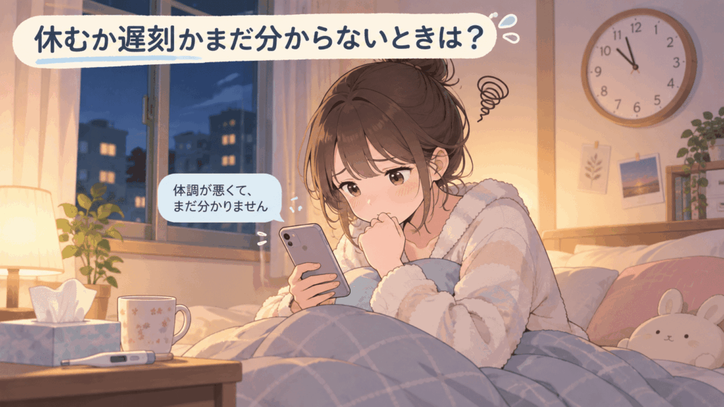 体調が悪く、バイトを休むか遅刻するかまだ決められず、スマホを見ながら職場への連絡を考える女性のイラスト