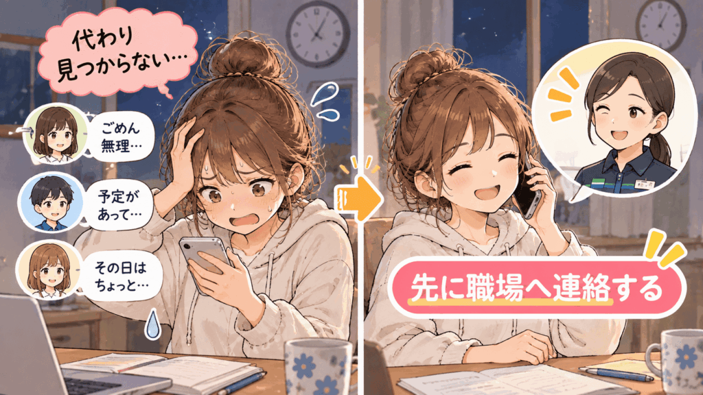バイトを休む際、代わりを一人で探して焦る様子と、先に職場へ連絡して安心する様子を左右で比較したイラスト