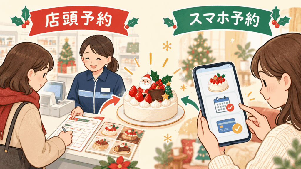 クリスマスケーキを店頭とスマートフォンから予約する様子を比較したイラスト