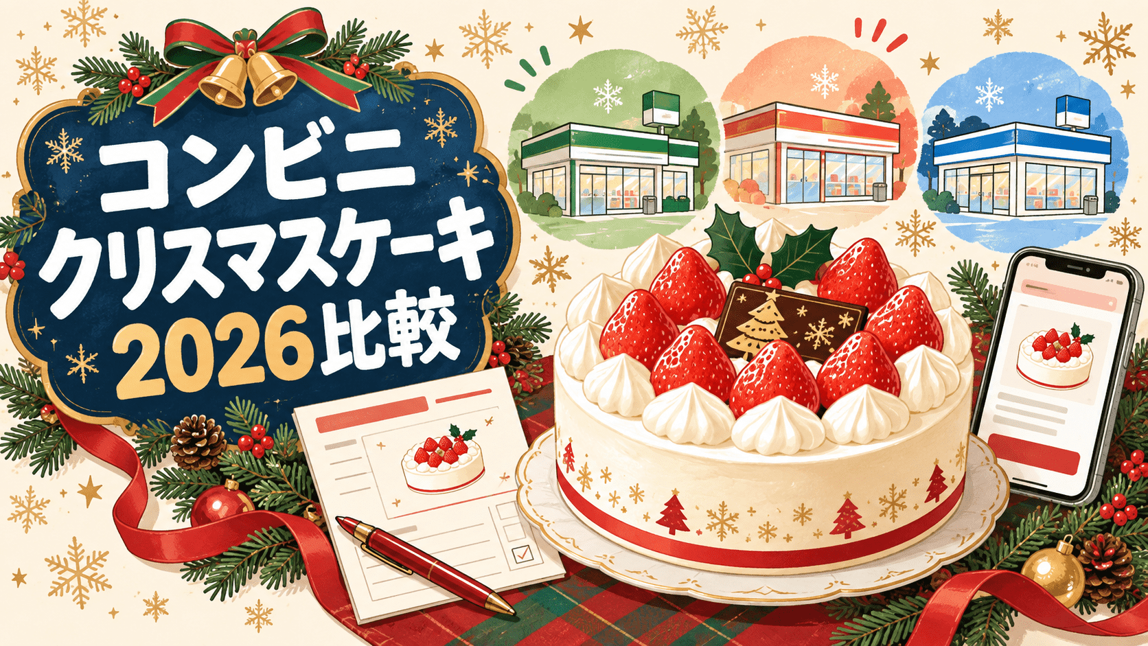 ファミマ・セブン・ローソンのクリスマスケーキ2026を比較するイラスト