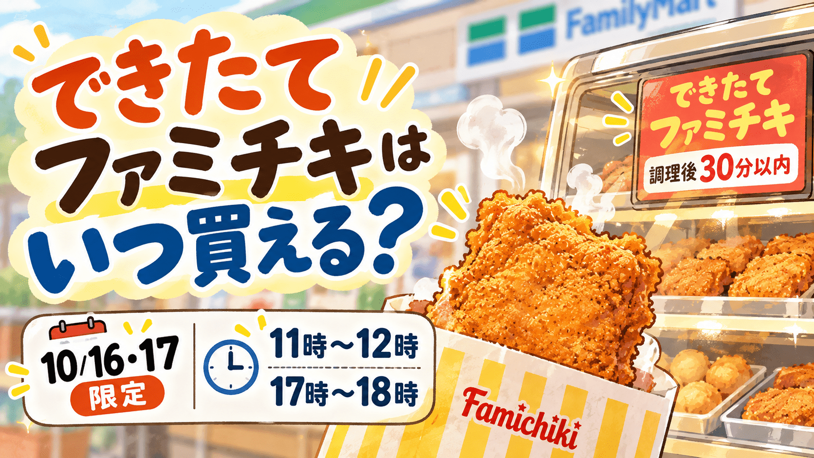 できたてファミチキはいつから？2026年10月16日・17日の販売時間を紹介するアイキャッチ